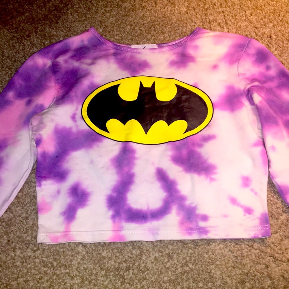 A tie dyed Bat man crop top